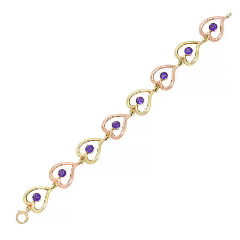 Retro Amethyst 14 Karat Two-Tone Gold Witches Heart Link Vintage Bracelet