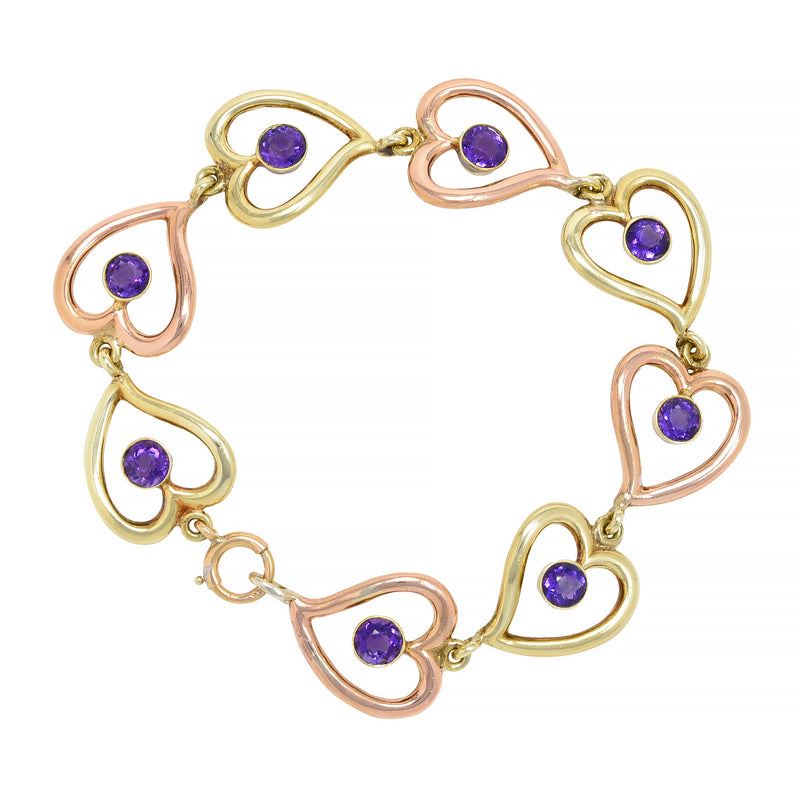 Retro Amethyst 14 Karat Two-Tone Gold Witches Heart Link Vintage Bracelet