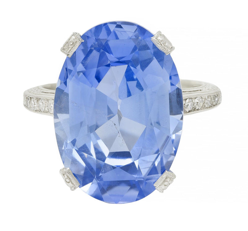 Art Deco 15.41 CTW No Heat Ceylon Sapphire Diamond Platinum Wheat Ring GIA