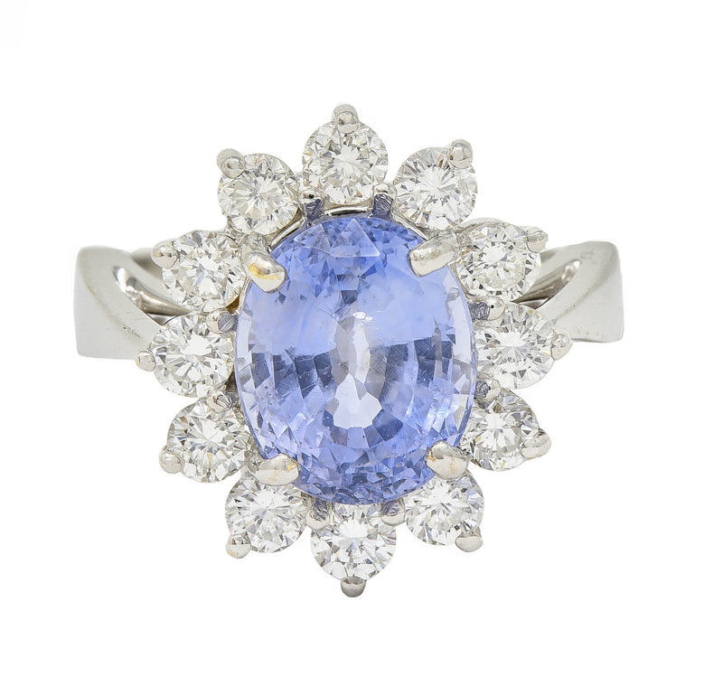 Mid-Century 4.99 CTW No Heat Sapphire Diamond 14 Karat White Gold Vintage Halo Ring GIA