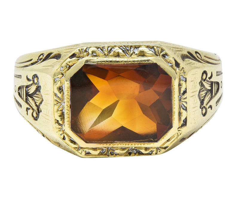 Axel Bros Art Deco Citrine 14 Karat Yellow Gold Lotus Antique Unisex Signet Ring