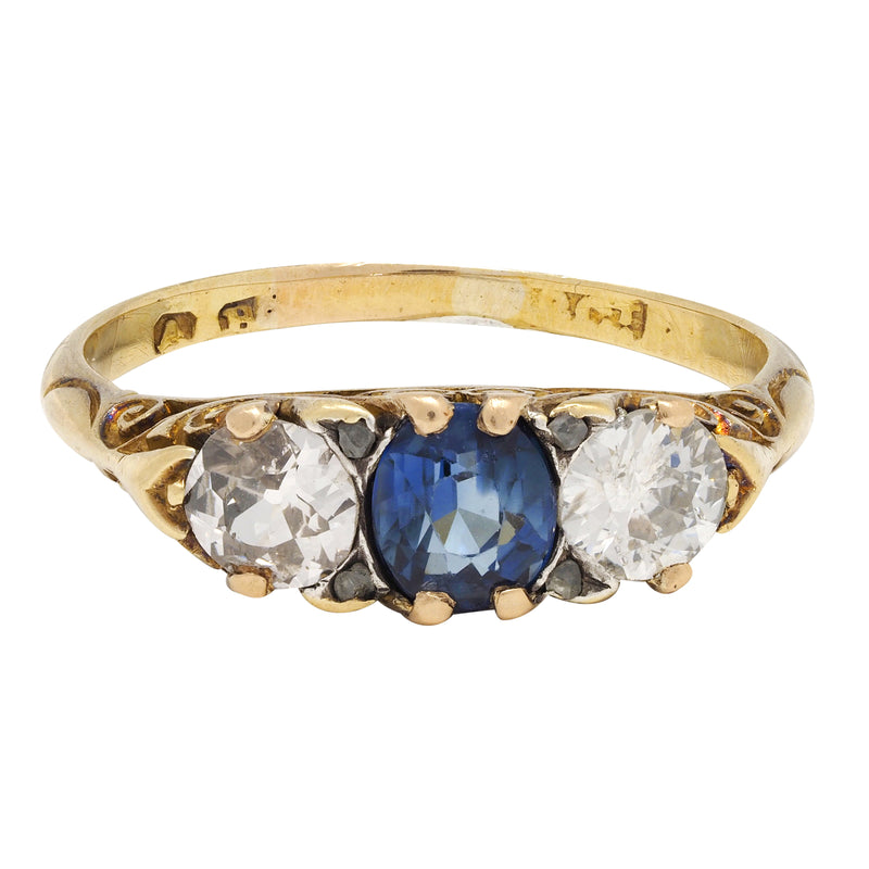 Victorian 3.70 CTW Sapphire Diamond 18 Karat Gold Antique Three Stone Ring