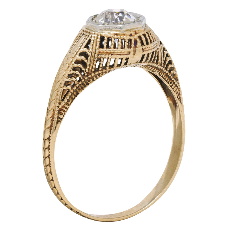 Victorian 0.64 CTW Old Mine Diamond Platinum 18 Karat Yellow Gold Wheat Solitaire Engagement Ring