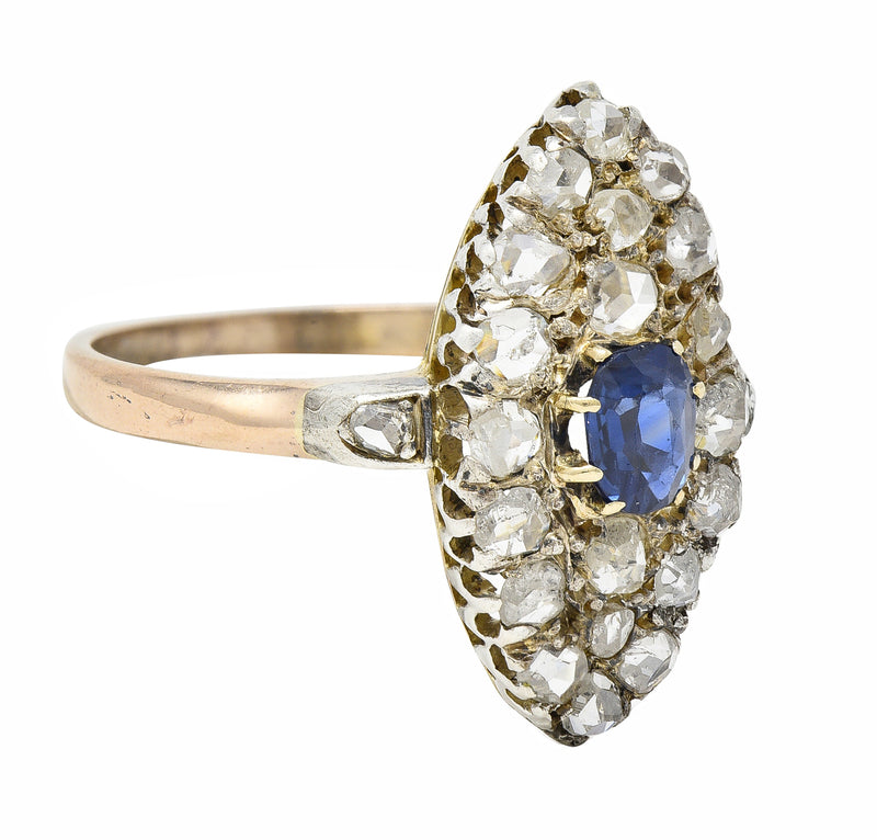 Victorian 1.84 CTW Cushion Cut Sapphire Diamond Silver-Topped 18 Karat Rose Gold Antique Navette Cluster Ring