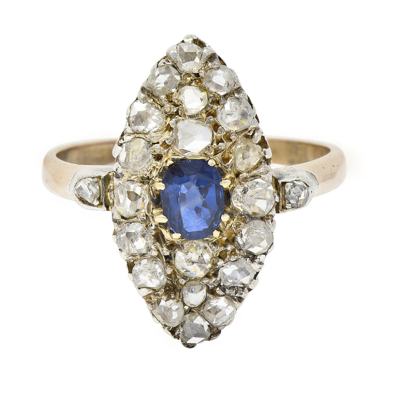 Victorian 1.84 CTW Cushion Cut Sapphire Diamond Silver-Topped 18 Karat Rose Gold Antique Navette Cluster Ring