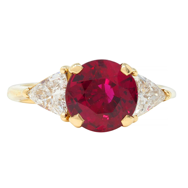 1980’s 2.80 CTW No Heat Ruby Diamond 18 Karat Yellow Gold Three Stone Ring GIA