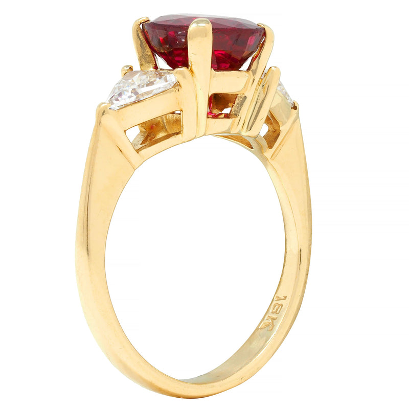 1980’s 2.80 CTW No Heat Ruby Diamond 18 Karat Yellow Gold Three Stone Ring GIA