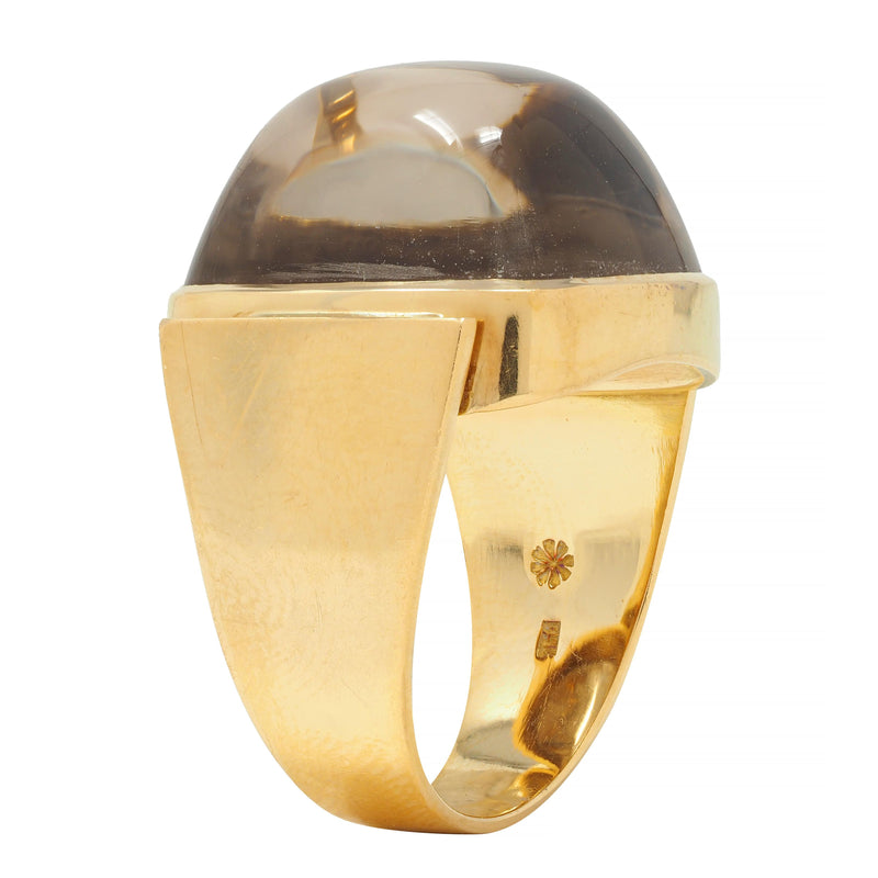 Modernist Smoky Quartz Sugarloaf Cabochon 18 Karat Yellow Gold Vintage Ring