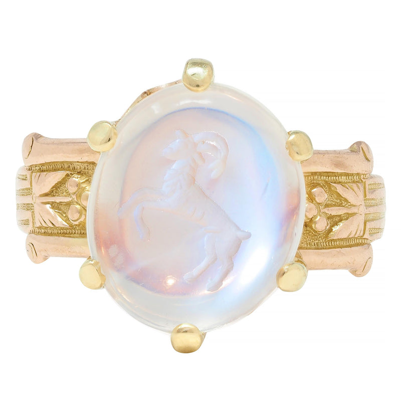 Victorian Moonstone 14 Karat Yellow Gold Ram Intaglio Thistle Antique Ring