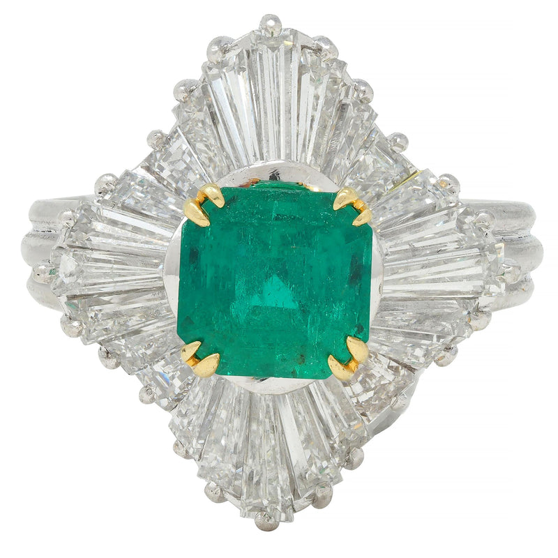 Mid-Century 3.58 CTW Emerald Diamond Platinum 18 Karat Gold Vintage Ballerina Halo Ring GIA