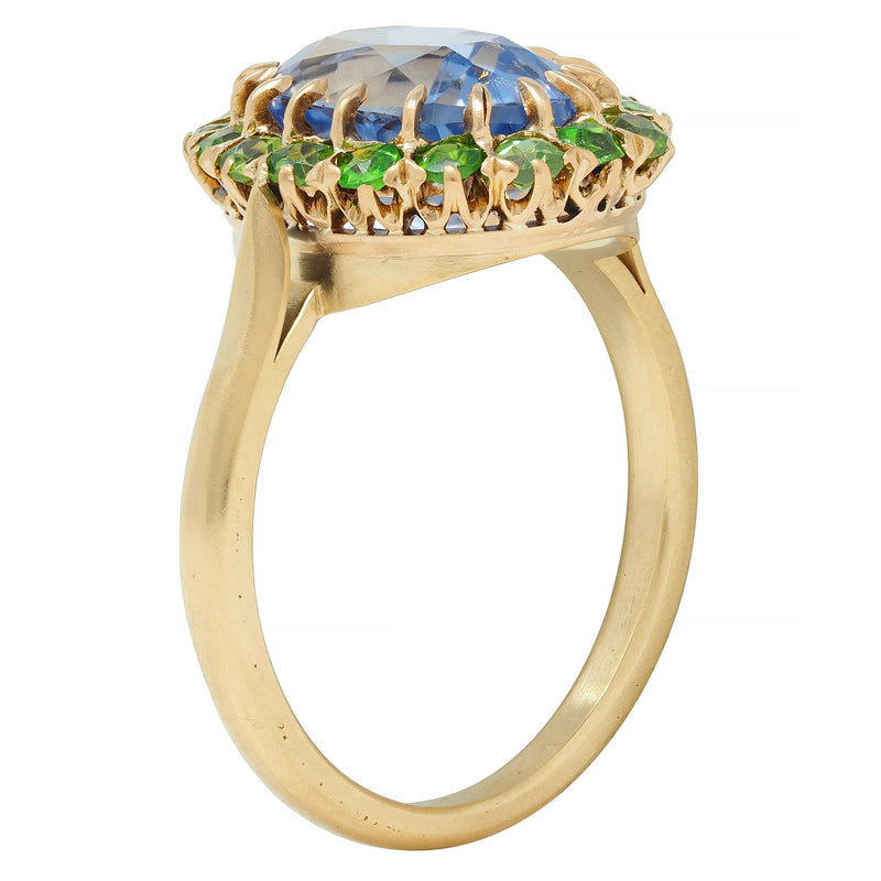 Vintage 5.63 CTW No Heat Ceylon Sapphire Demantoid Garnet 18 Karat Yellow Gold Halo Ring GIA