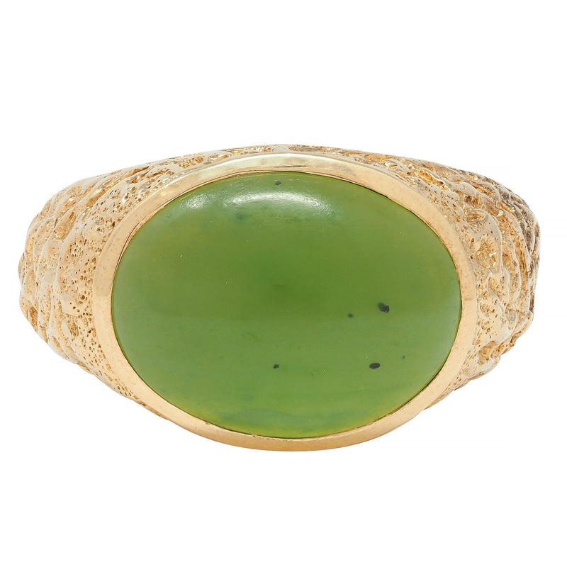 Brutalist Jade Cabochon 10 Karat Yellow Gold Vintage Signet Ring