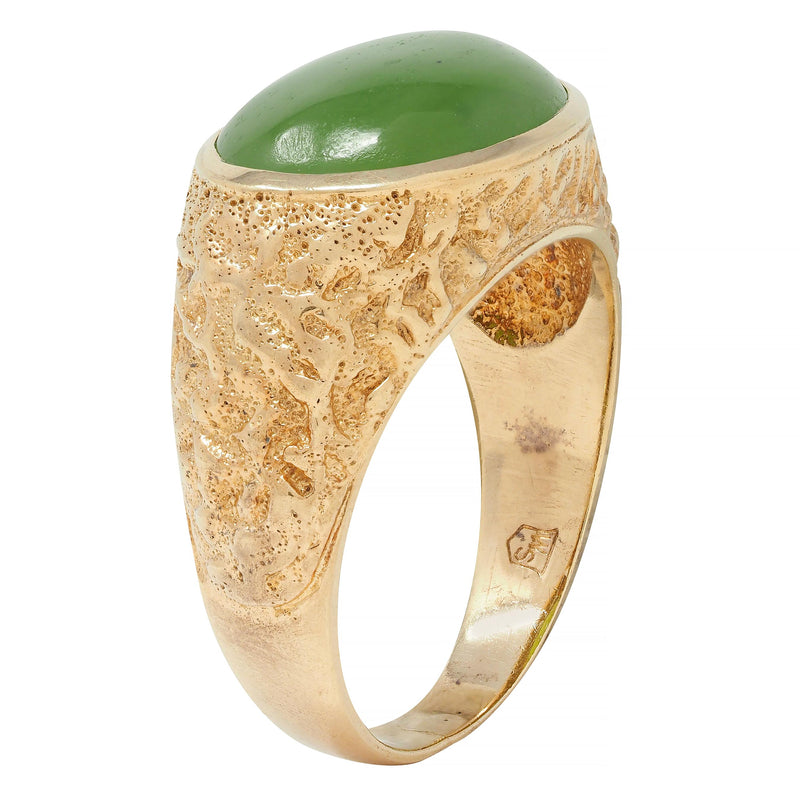 Brutalist Jade Cabochon 10 Karat Yellow Gold Vintage Signet Ring