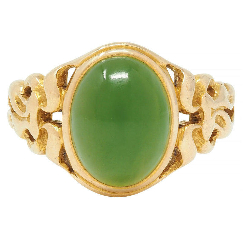 Art Nouveau Nephrite Jade 14 Karat Yellow Gold Antique Unisex Signet Ring