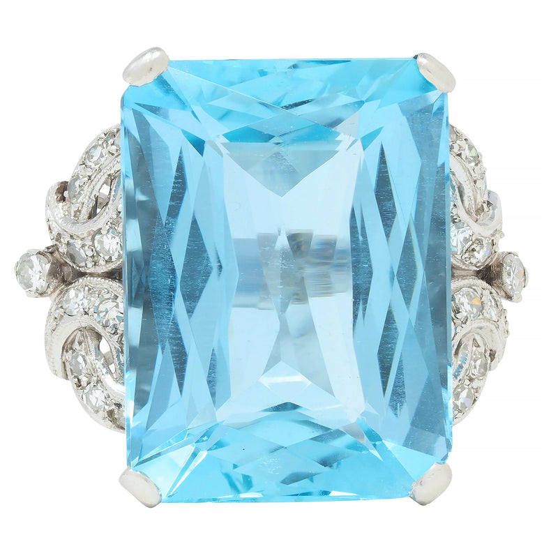 Art Deco 29.25 CTW Aquamarine Diamond Platinum Scrolling Ribbon Cocktail Ring