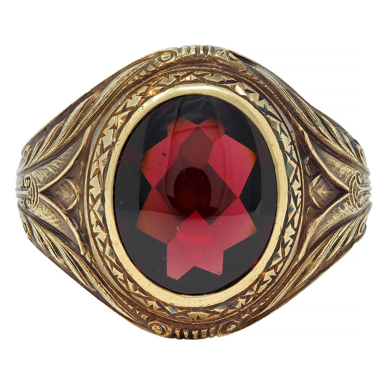 Victorian Egyptian Revival Garnet 14 Karat Yellow Gold Antique Unisex Lotus Ring