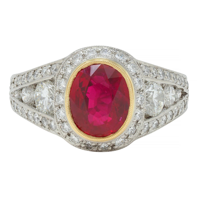 Contemporary 3.04 CTW Burma Ruby Diamond Platinum 18 Karat Gold Halo Ring GIA