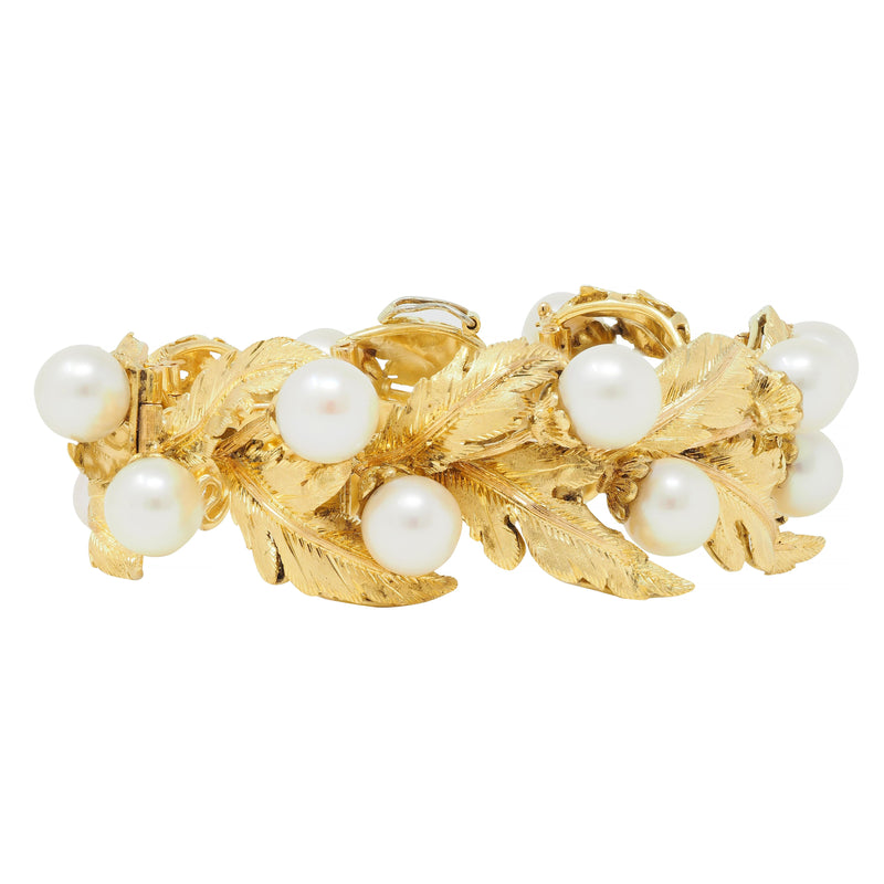 Mario Buccellati 1950’s Pearl 18 Karat Yellow Gold Vintage Oak Leaf Bracelet