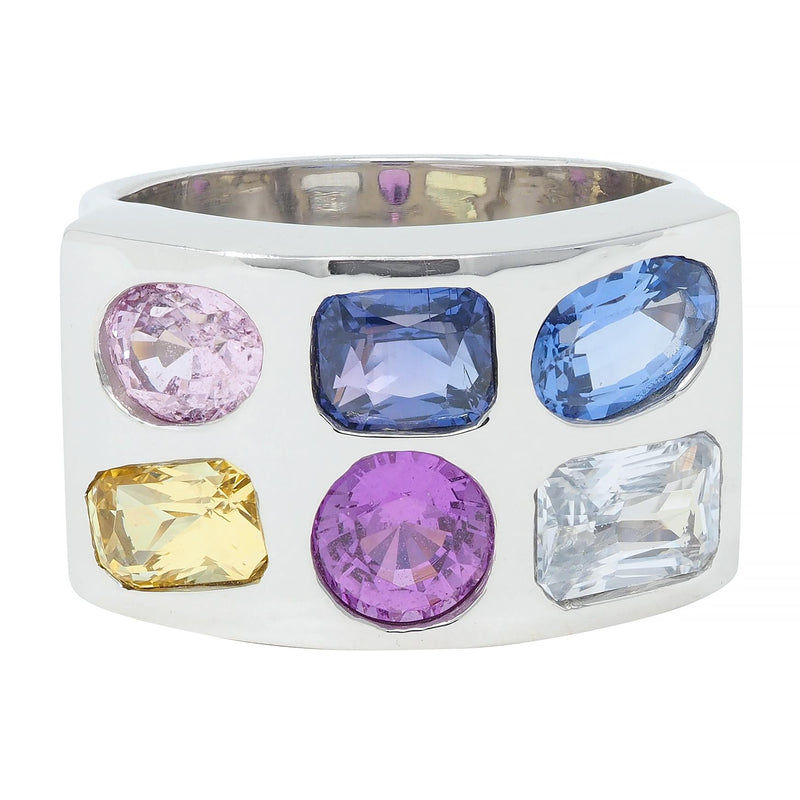 Multi-Colored Blue Pink Yellow Sapphire Platinum Flush Set Statement Ring