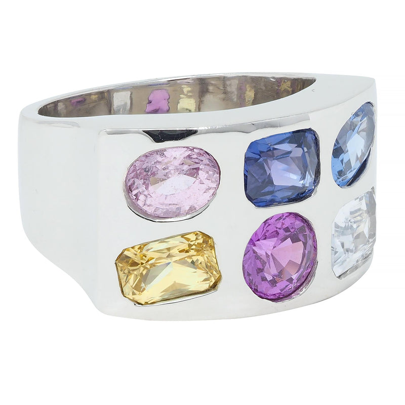 Multi-Colored Blue Pink Yellow Sapphire Platinum Flush Set Statement Ring