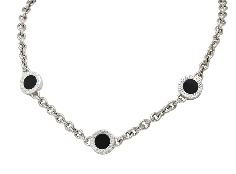 Bulgari 1990’s Onyx 18 Karat White Gold Chain Link Station Necklace