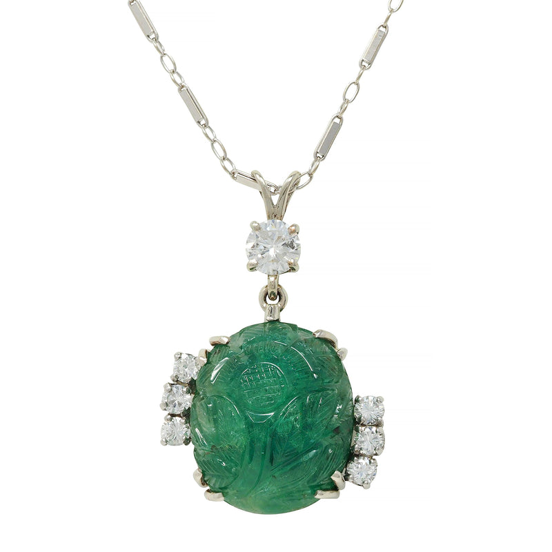 Mid-Century 21.17 CTW Carved Emerald Diamond 14 Karat White Gold Vintage Pendant Necklace