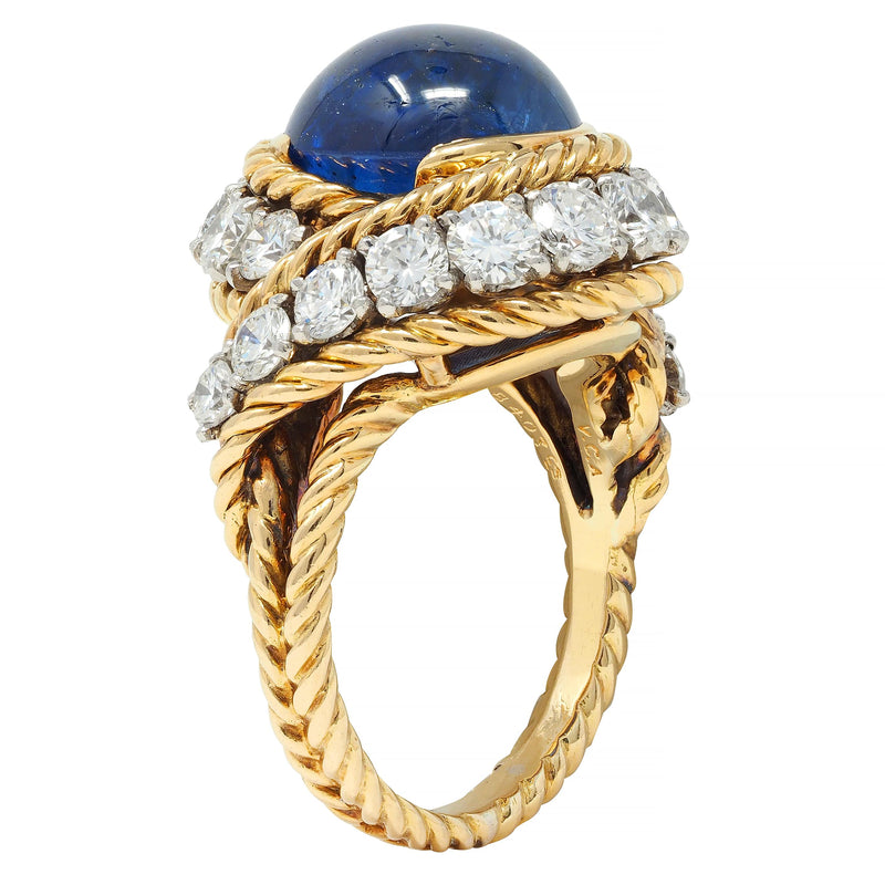 Van Cleef & Arpels French 1960’s 11.40 CTW Sapphire Diamond Platinum 18 Karat Yellow Gold Twisted Rope Vintage Ring