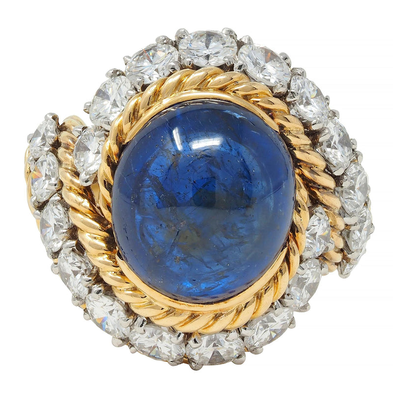 Van Cleef & Arpels French 1960’s 11.40 CTW Sapphire Diamond Platinum 18 Karat Yellow Gold Twisted Rope Vintage Ring