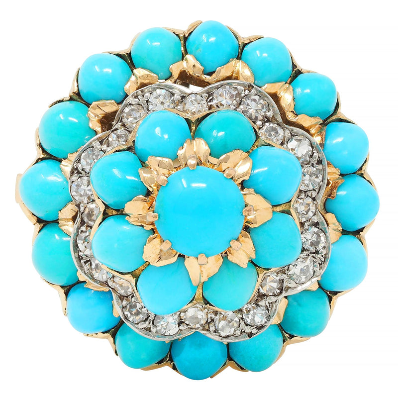 French 1960’s Diamond Turquoise Platinum 18 Karat Yellow Gold Vintage Birthday Cake Cluster Ring