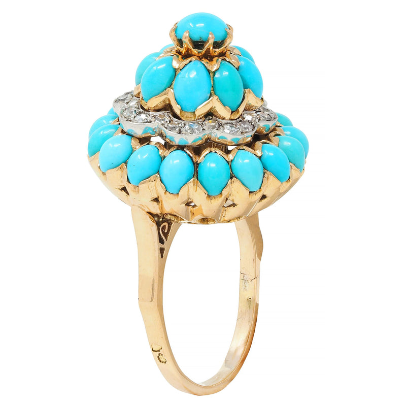 French 1960’s Diamond Turquoise Platinum 18 Karat Yellow Gold Vintage Birthday Cake Cluster Ring