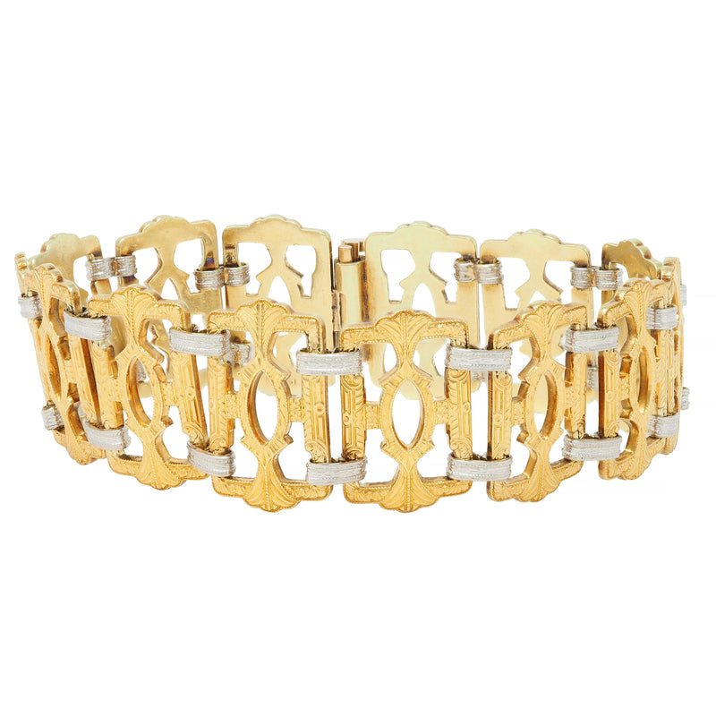 Krementz & Co. Early Art Deco 14 Karat Two-Tone Gold Decorative Vintage Panel Link Bracelet