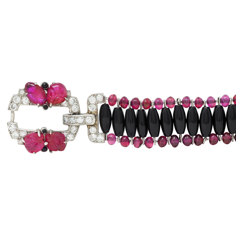 Art Deco 0.90 CTW Diamond Ruby Onyx Platinum Antique Beaded Buckle Bracelet