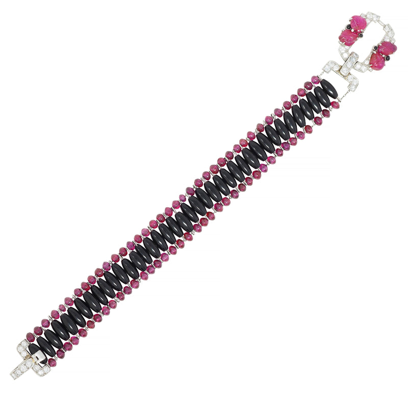 Art Deco 0.90 CTW Diamond Ruby Onyx Platinum Antique Beaded Buckle Bracelet