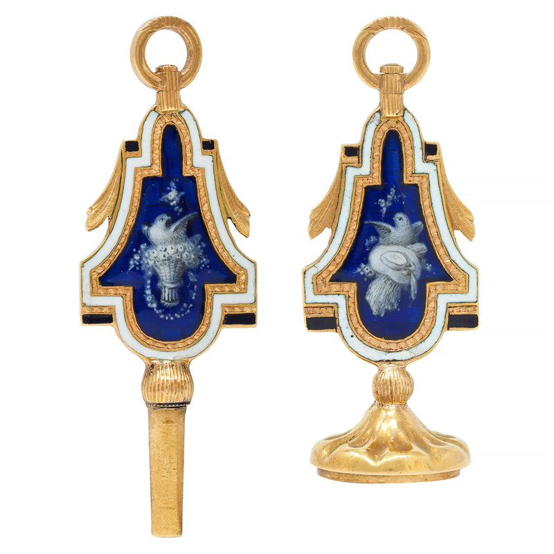 Victorian Blue Enamel 18 Karat Yellow Gold Bird Antique Bird Fob Pendant Set