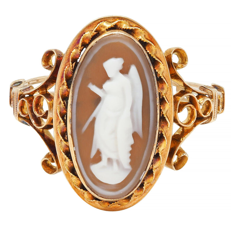 Victorian Carved Agate 14 Karat Yellow Gold Greek Godess Nike Antique Cameo Antique Ring