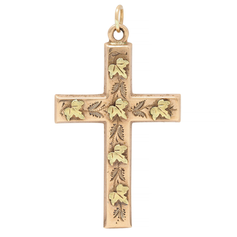 Victorian 14 Karat Rose Green Two-Tone Gold Grape Leaf Antique Cross Pendant