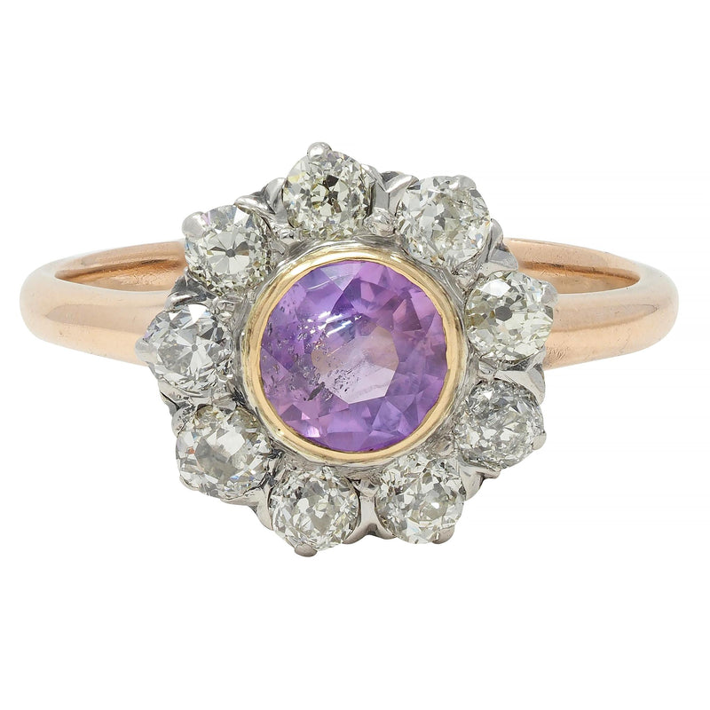 Edwardian Pink Sapphire Diamond Platinum 18 Karat Gold Antique Halo Cluster Ring