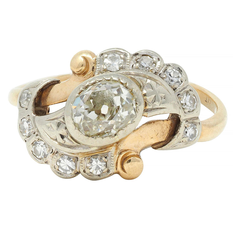 Early Art Deco 0.75 CTW Old Mine Cut Diamond 14 Karat Two-Tone Gold Vintage Bypass Ring