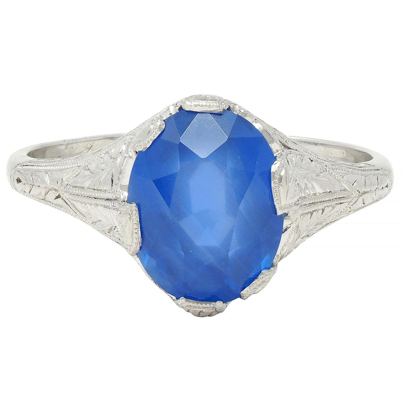 Art Deco 4.43 CTW No Heat Ceylon Sapphire Platinum Foliate Vintage Ring GIA