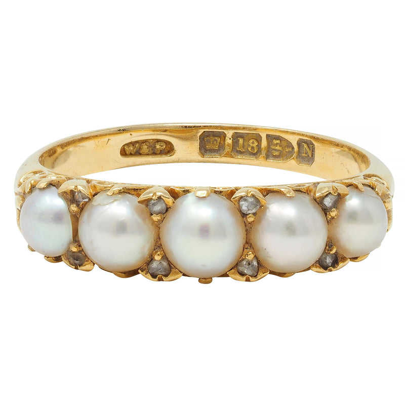 Victorian Pearl Diamond 18 Karat Yellow Gold Scrolling Five Stone Antique Band Ring