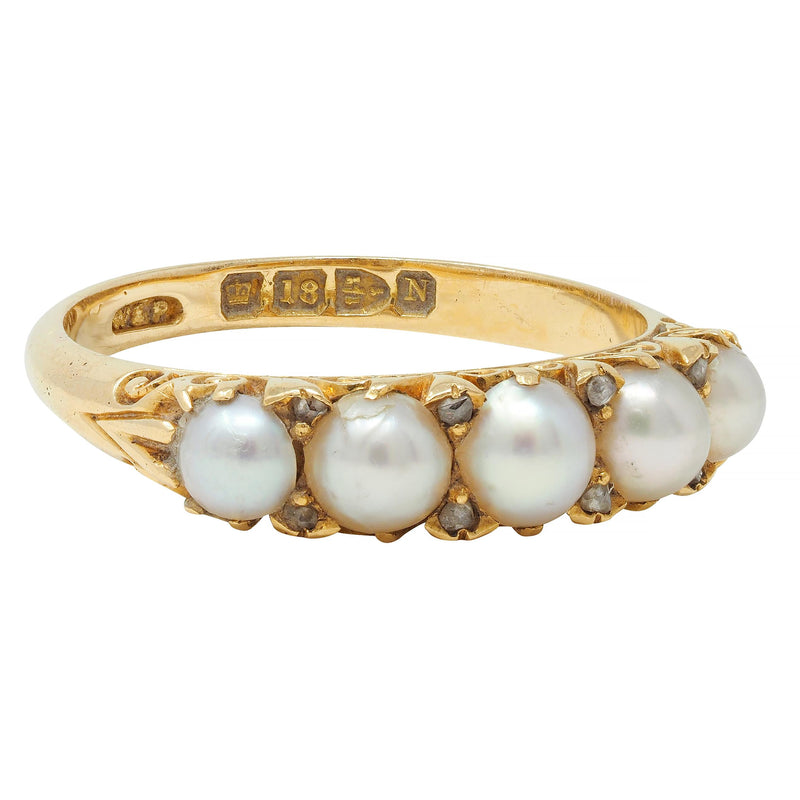 Victorian Pearl Diamond 18 Karat Yellow Gold Scrolling Five Stone Antique Band Ring