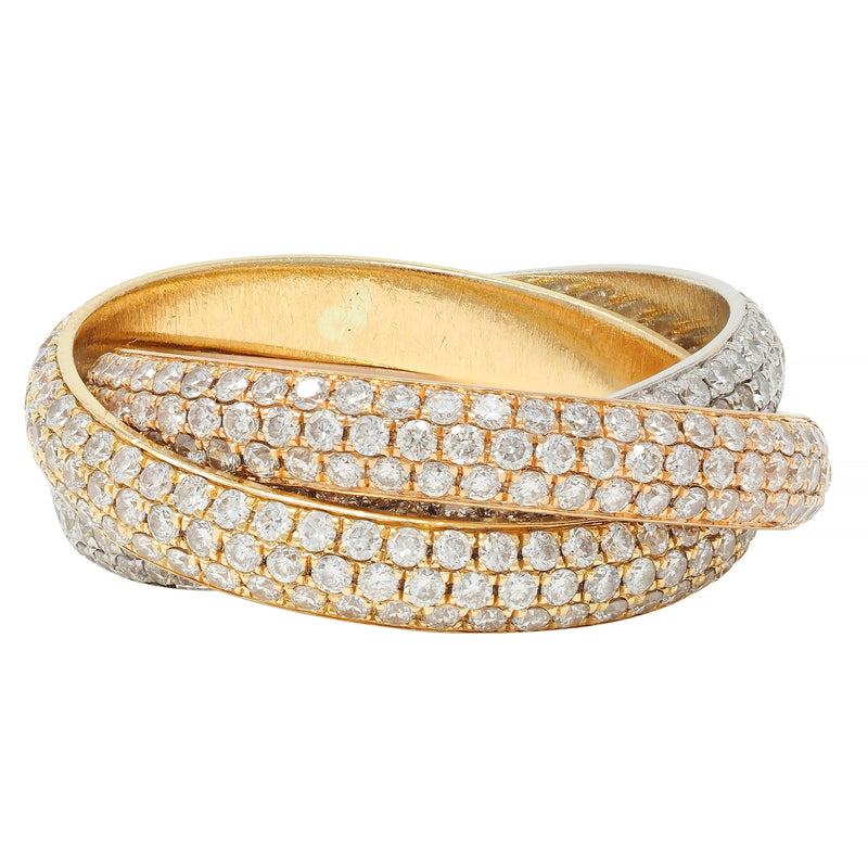 Cartier 4.50 CTW Diamond 18 Karat Tri-Colored Yellow White Rose Gold Rolling Trinity Band Ring