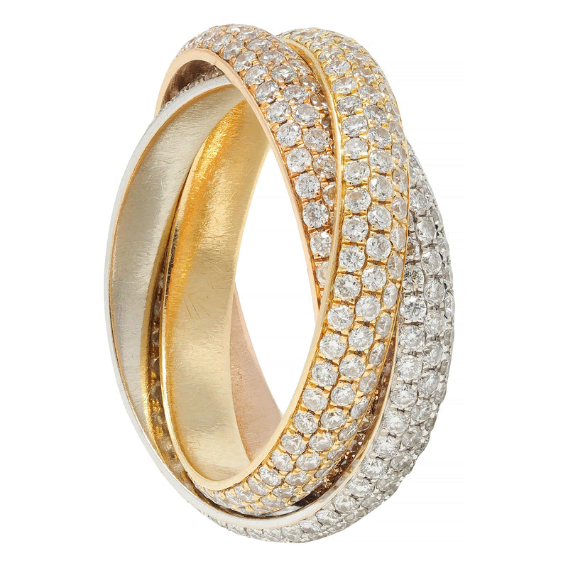 Cartier 4.50 CTW Diamond 18 Karat Tri-Colored Yellow White Rose Gold Rolling Trinity Band Ring