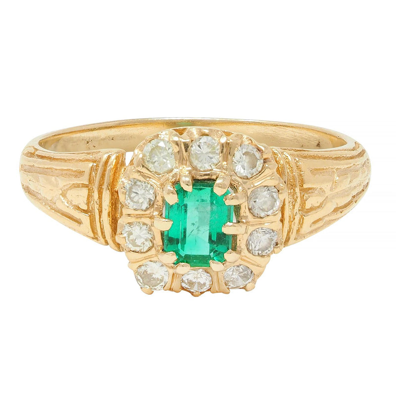 Victorian 0.65 CTW Emerald Diamond 14 Karat Yellow Gold Antique Halo Ring