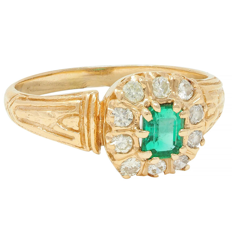 Victorian 0.65 CTW Emerald Diamond 14 Karat Yellow Gold Antique Halo Ring