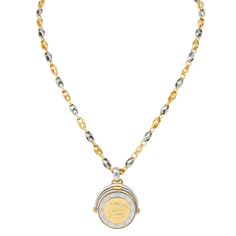 Bulgari 18 Karat Yellow Gold Stainless Steel Pisces Zodiac Flip Pendant Necklace