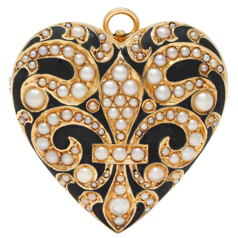 Victorian Pearl Enamel 14 Karat Yellow Gold Heart Locket Antique Pendant Brooch