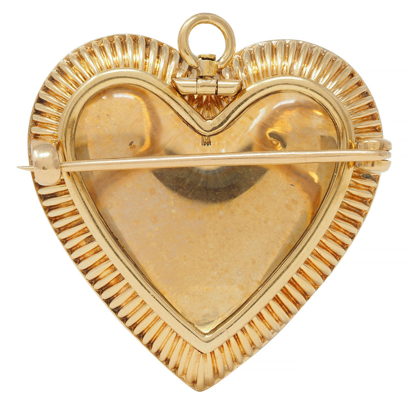 Victorian Pearl Enamel 14 Karat Yellow Gold Heart Locket Antique Pendant Brooch