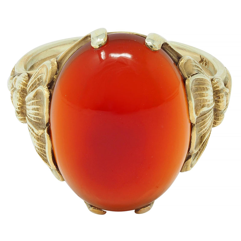 Art Nouveau Carnelian Cabochon 14 Karat Yellow Gold Antique Poppy Ring