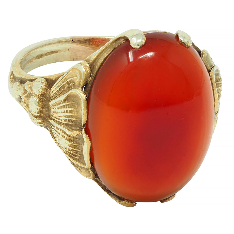 Art Nouveau Carnelian Cabochon 14 Karat Yellow Gold Antique Poppy Ring